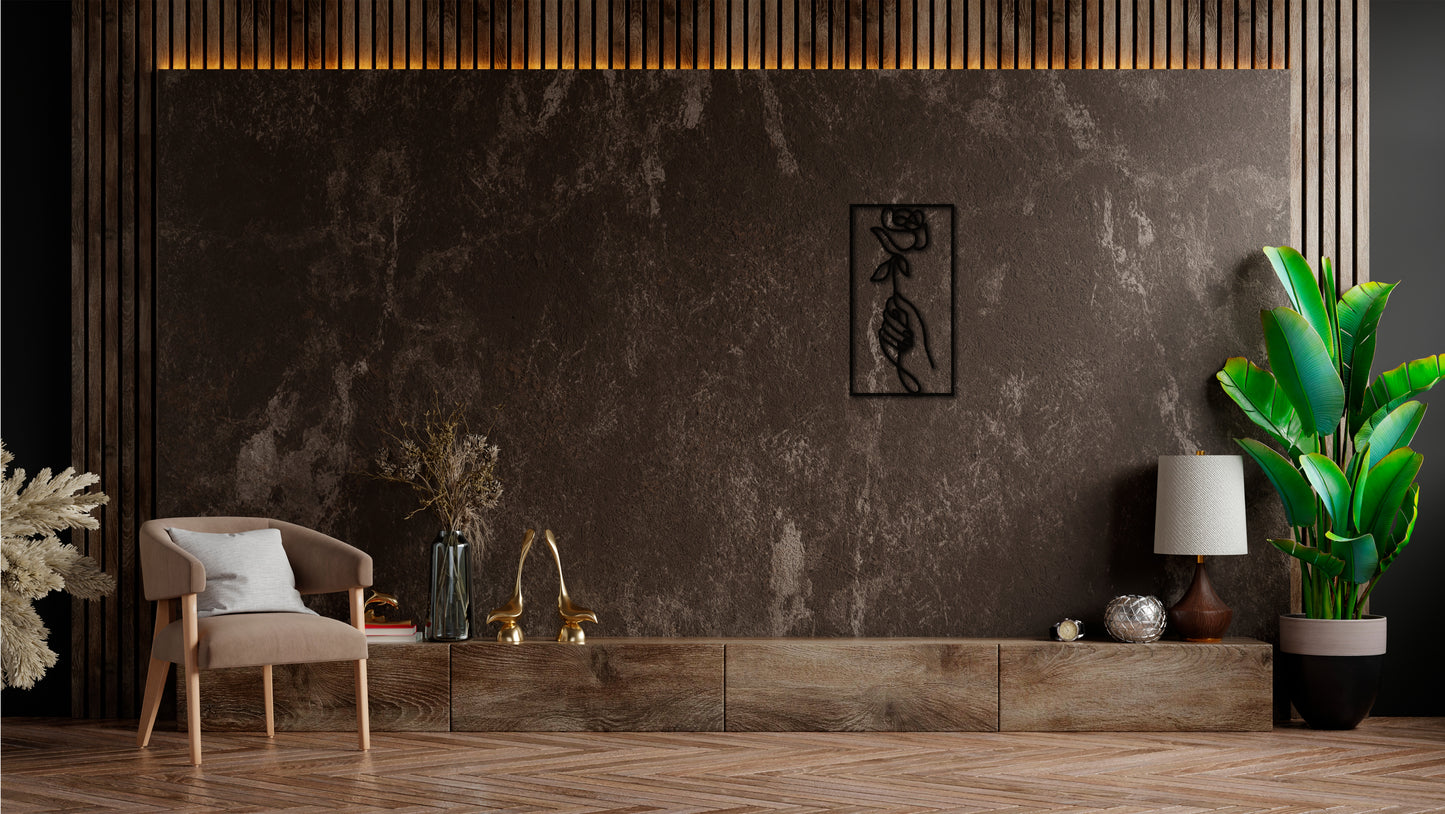 Minimalistisches Lineart Wandtattoo – 3D Optik für Moderne Wandgestaltung | Rose | Rose in der Hand mit Rahmen | Blume