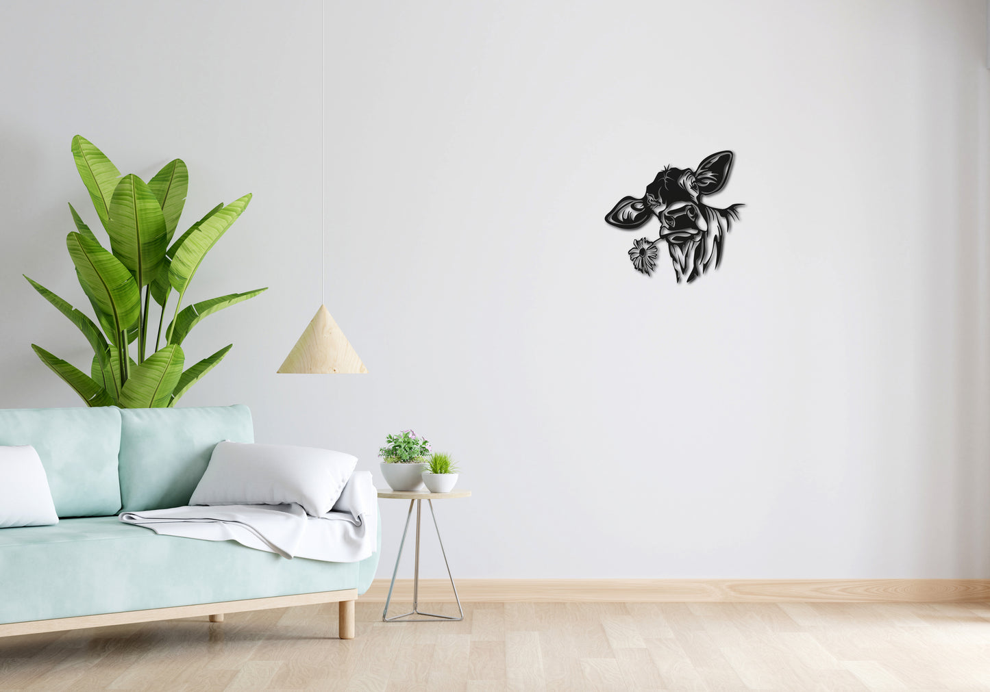 Minimalistisches Lineart Wandtattoo – 3D Optik für Moderne Wandgestaltung | Kuh mit Blume ohne Rahmen