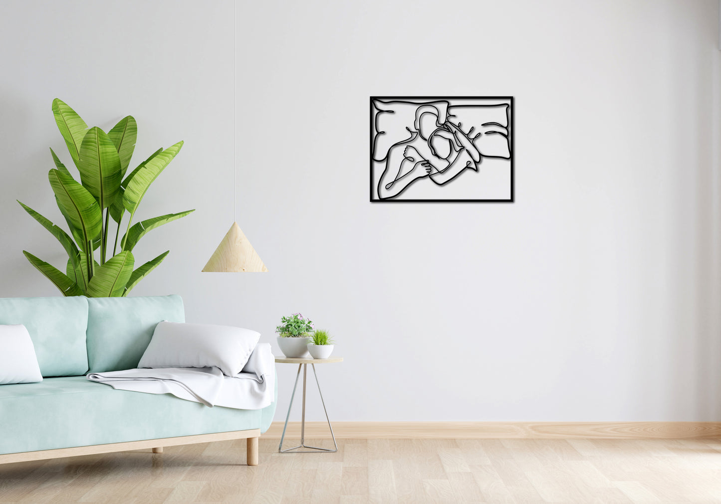 Minimalistisches Lineart Wandtattoo – 3D Optik für Moderne Wandgestaltung | Liebespaar | kuscheln im Bett mit Rahmen