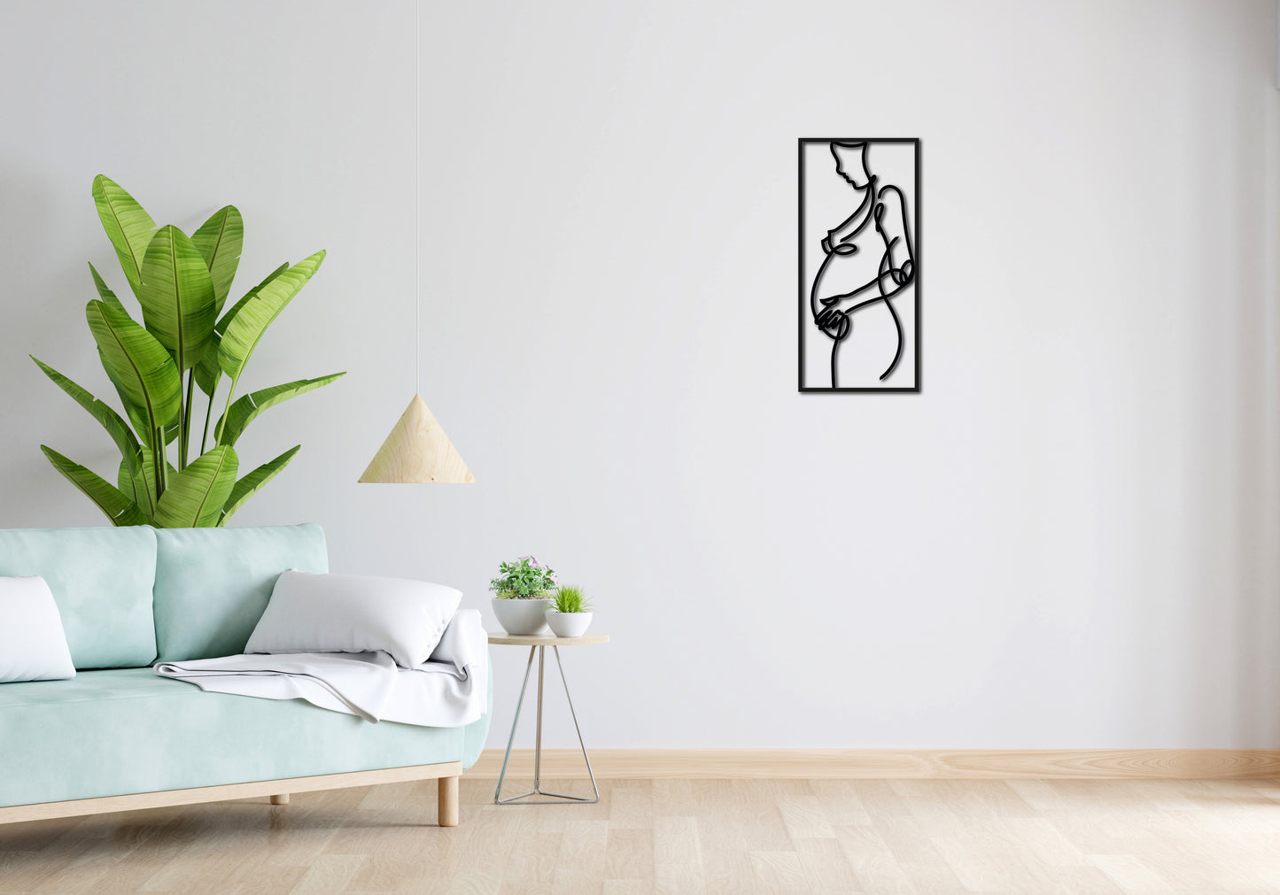 Minimalistisches Lineart Wandtattoo – 3D Optik für Moderne Wandgestaltung | Schwangere Frau | Babybauch im Rahmen