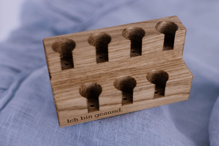 Roll-On Organizer 7 Chakra Eiche handgefertigt – Aufbewahrung ätherische Öle Holz Wellness personalisierbar