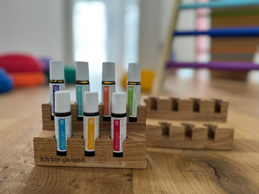 Roll-On Organizer 7 Chakra Eiche handgefertigt – Aufbewahrung ätherische Öle Holz Wellness personalisierbar