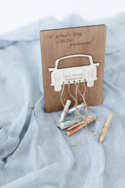 Hochzeitsgeschenk | Geschenk | Geldgeschenk zur Hochzeit aus Holz | Geldgeschenk für das Brautpaar | Geldgeschenk | Just Married | Auto | personalisierbar