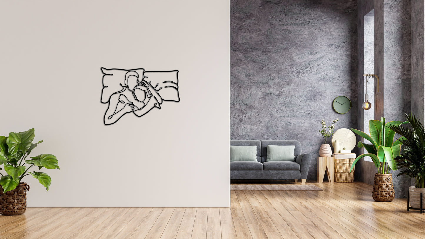 Minimalistisches Lineart Wandtattoo – 3D Optik für Moderne Wandgestaltung | Liebespaar | kuscheln im Bett ohne Rahmen
