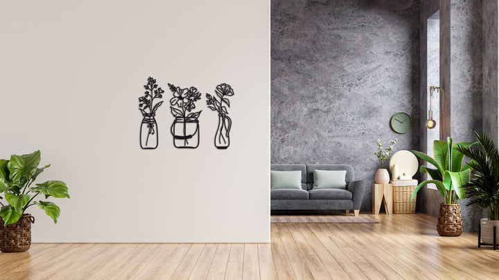 Minimalistisches Lineart Wandtattoo – 3D Optik für Moderne Wandgestaltung | Blumen | Blumen in Vasen