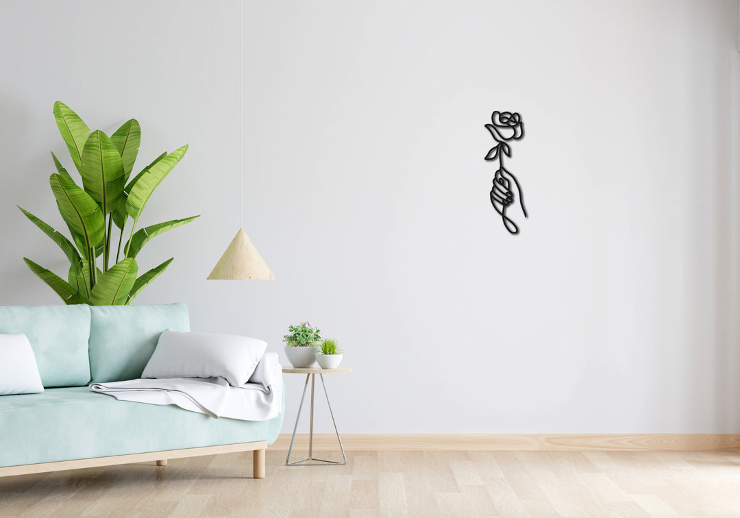 Minimalistisches Lineart Wandtattoo – 3D Optik für Moderne Wandgestaltung | Rose | Rose in der Hand ohne Rahmen | Blume