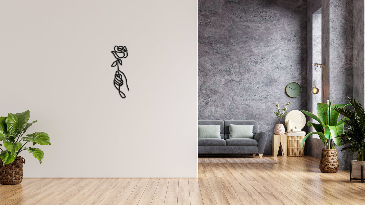 Minimalistisches Lineart Wandtattoo – 3D Optik für Moderne Wandgestaltung | Rose | Rose in der Hand ohne Rahmen | Blume