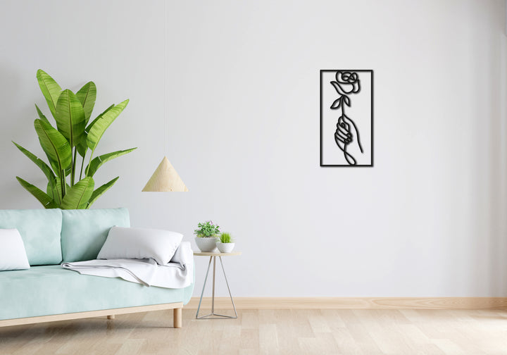 Minimalistisches Lineart Wandtattoo – 3D Optik für Moderne Wandgestaltung | Rose | Rose in der Hand mit Rahmen | Blume