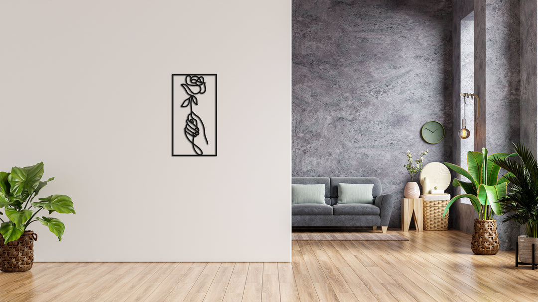 Minimalistisches Lineart Wandtattoo – 3D Optik für Moderne Wandgestaltung | Rose | Rose in der Hand mit Rahmen | Blume