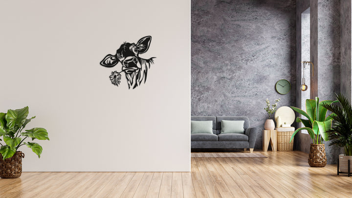 Minimalistisches Lineart Wandtattoo – 3D Optik für Moderne Wandgestaltung | Kuh mit Blume ohne Rahmen