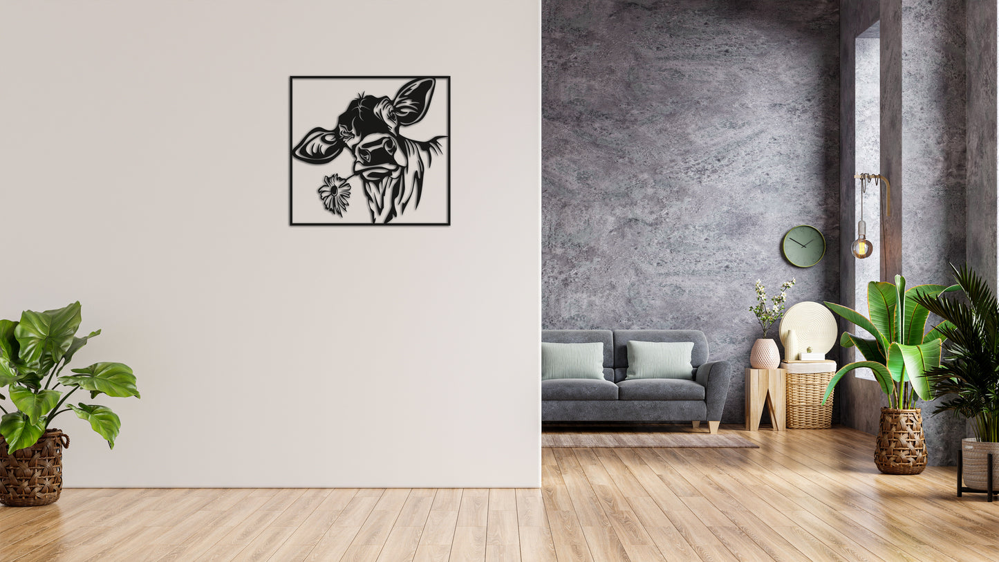 Minimalistisches Lineart Wandtattoo – 3D Optik für Moderne Wandgestaltung | Kuh mit Blume mit Rahmen