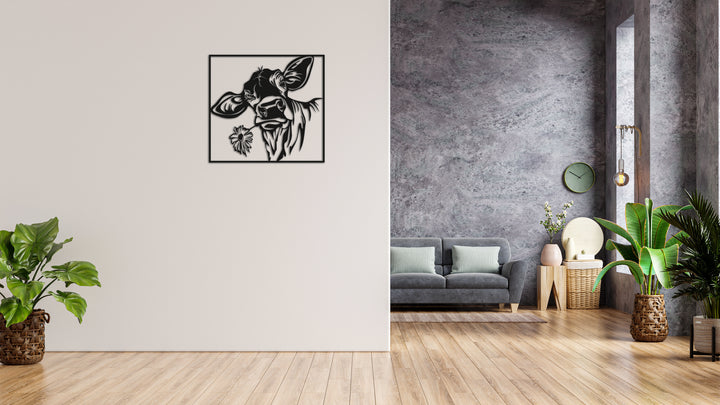 Minimalistisches Lineart Wandtattoo – 3D Optik für Moderne Wandgestaltung | Kuh mit Blume mit Rahmen