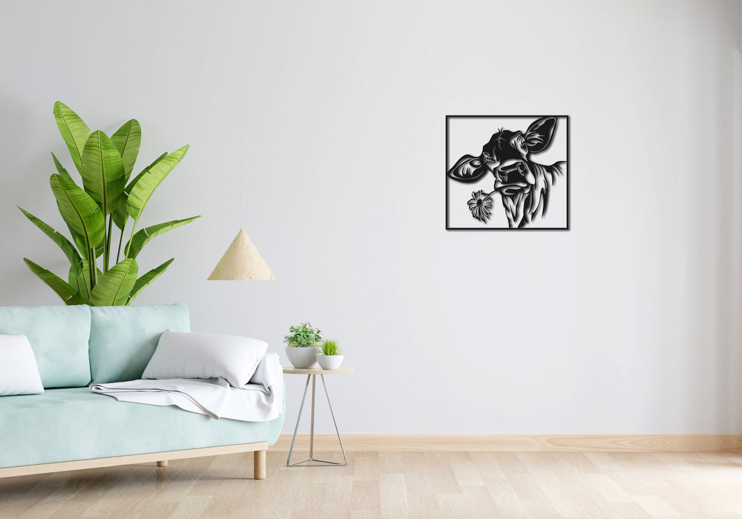 Minimalistisches Lineart Wandtattoo – 3D Optik für Moderne Wandgestaltung | Kuh mit Blume mit Rahmen