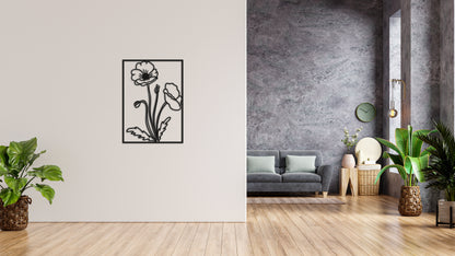 Minimalistisches Lineart Wandtattoo – 3D Optik für Moderne Wandgestaltung | Mohnblume | Blume im Rahmen