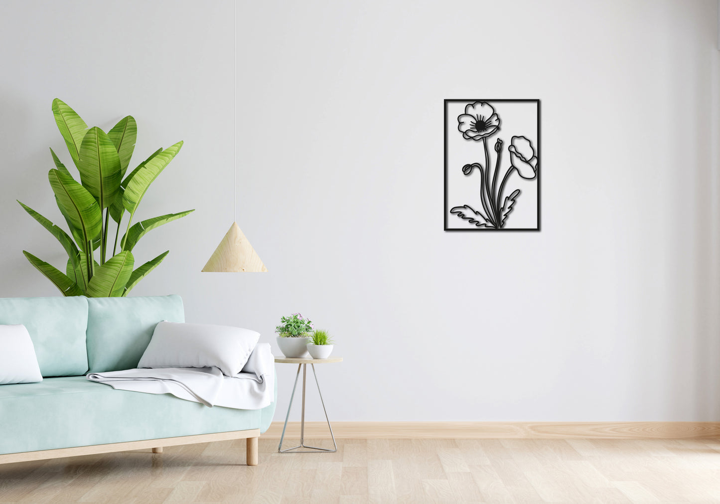 Minimalistisches Lineart Wandtattoo – 3D Optik für Moderne Wandgestaltung | Mohnblume | Blume im Rahmen