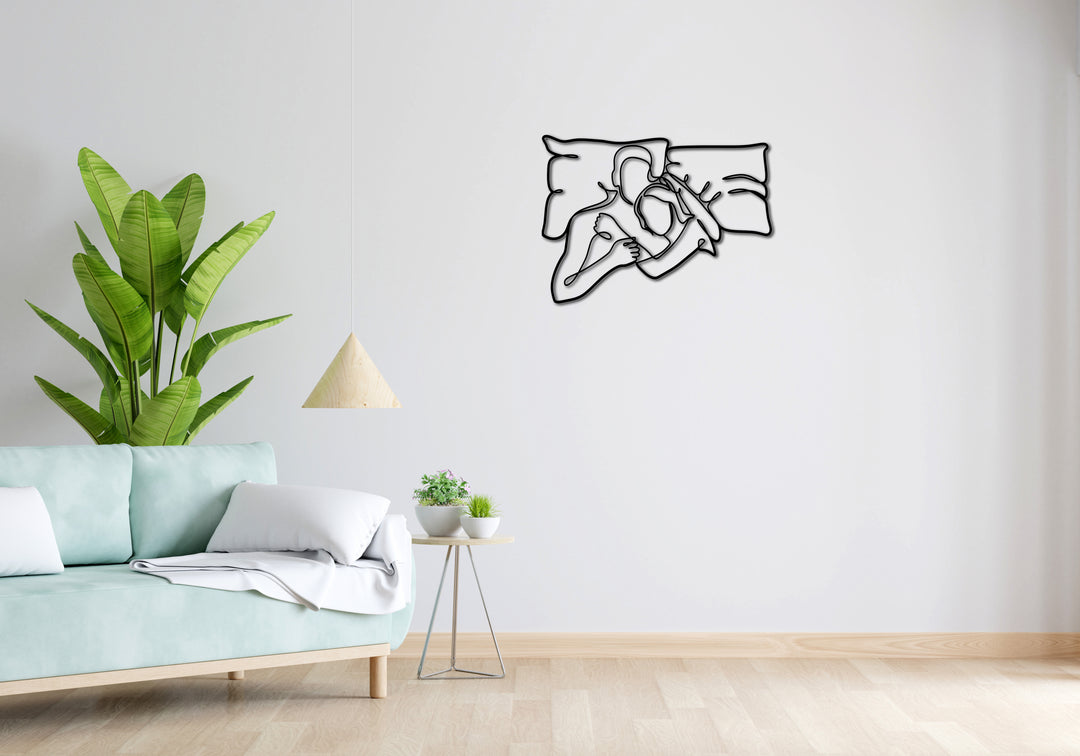 Minimalistisches Lineart Wandtattoo – 3D Optik für Moderne Wandgestaltung | Liebespaar | kuscheln im Bett ohne Rahmen