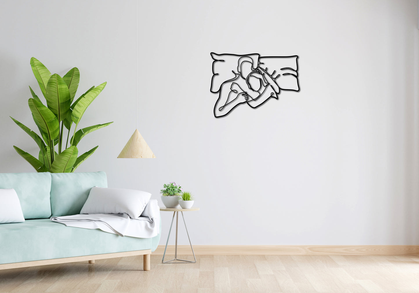 Minimalistisches Lineart Wandtattoo – 3D Optik für Moderne Wandgestaltung | Liebespaar | kuscheln im Bett ohne Rahmen
