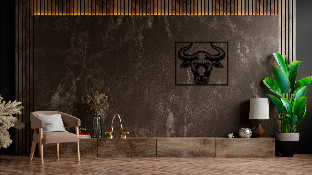 Minimalistisches Lineart Wandtattoo – 3D Optik für Moderne Wandgestaltung | Stier | Stierkopf mit Rahmen
