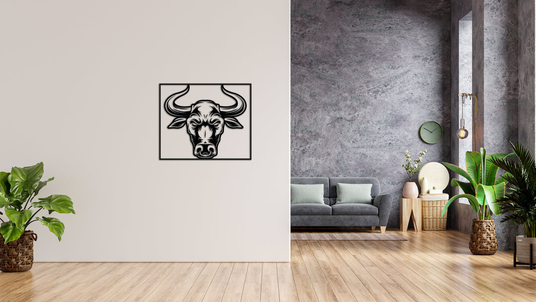 Minimalistisches Lineart Wandtattoo – 3D Optik für Moderne Wandgestaltung | Stier | Stierkopf mit Rahmen