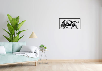 Minimalistisches Lineart Wandtattoo – 3D Optik für Moderne Wandgestaltung | Trabender Stier | Trabender Stier mit Rahmen
