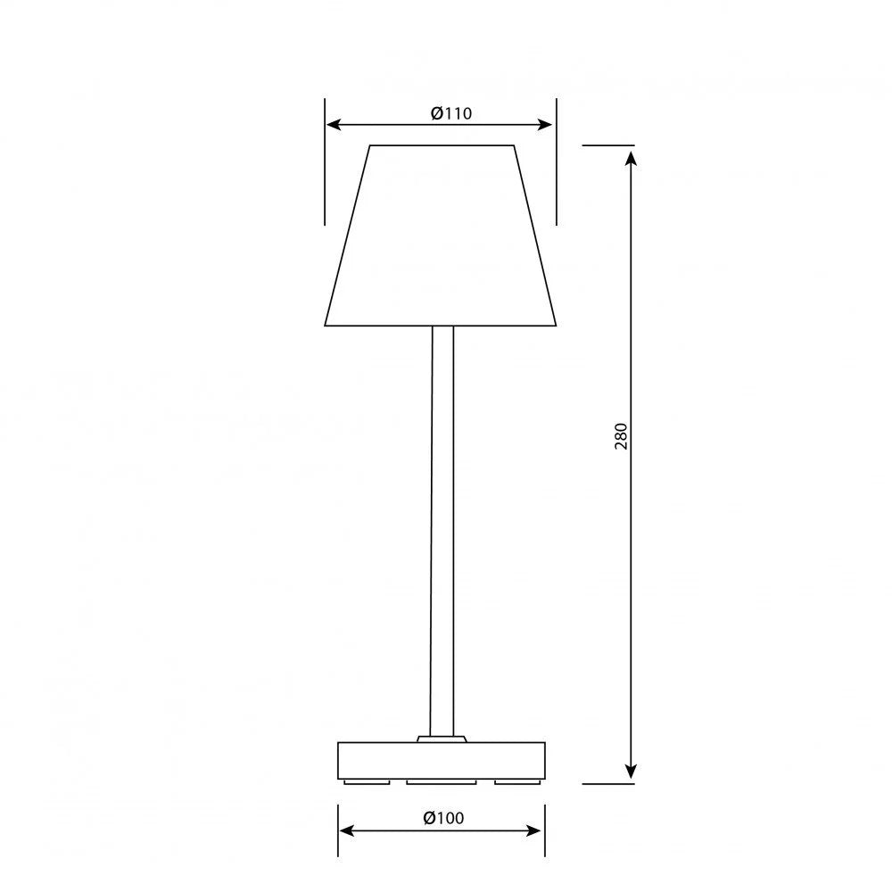 Technische Maßzeichnung der Tischlampe: Höhe 280 mm, Schirm Ø 110 mm, Fuß Ø 100 mm