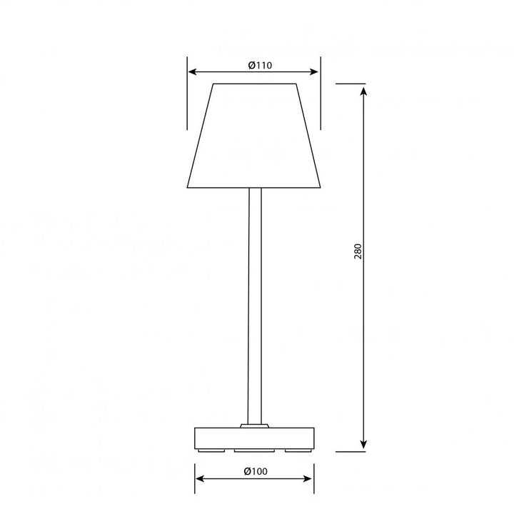 Technische Maßzeichnung der Tischlampe: Höhe 280 mm, Schirm Ø 110 mm, Fuß Ø 100 mm