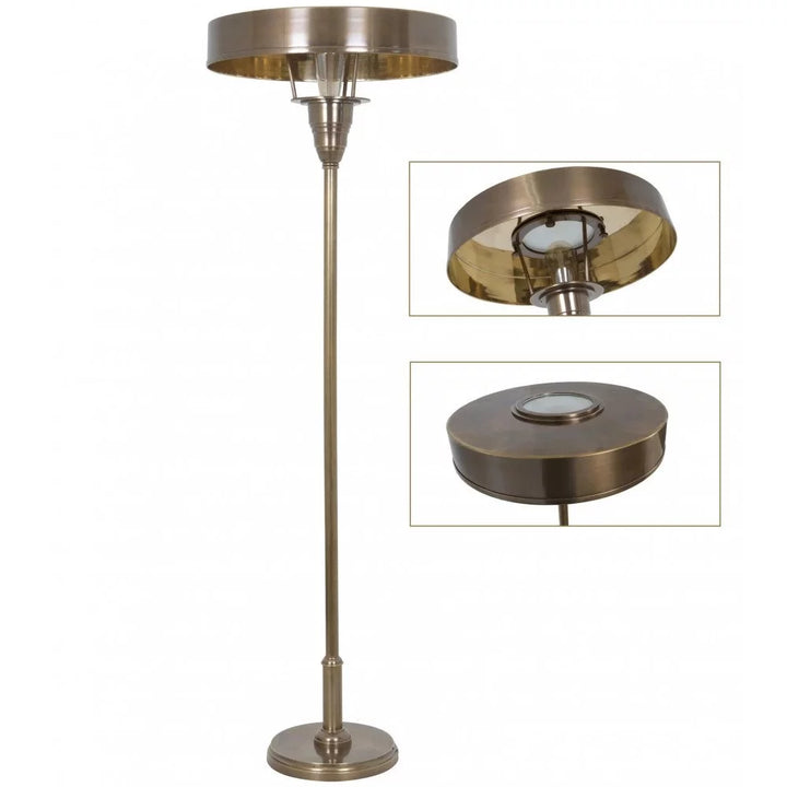 Freigestellte Messing-Stehlampe mit zylindrischer Schirmscheibe, Detailansichten der Glaseinfassung und Baldachin-Glaslinse
