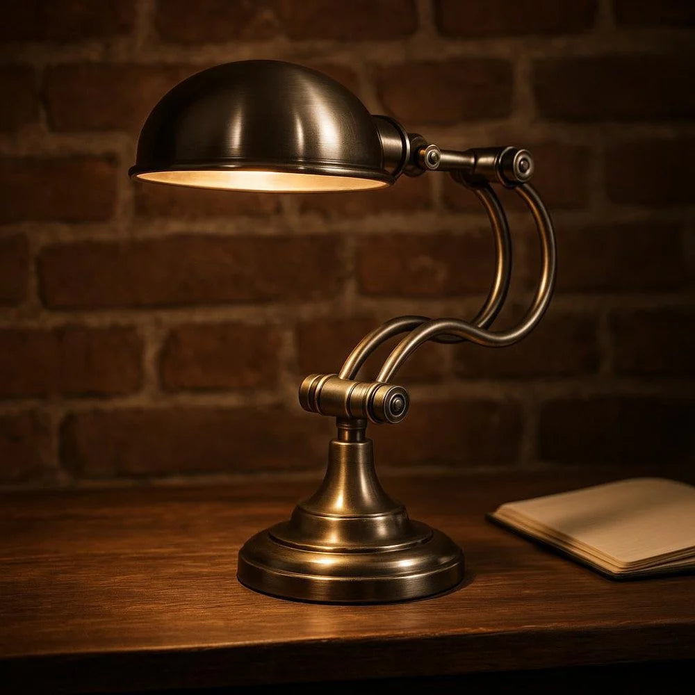 Klassische Schwanenhals-Schreibtischlampe in Antiksilber mit doppeltem Bogenarm eingeschaltet auf Holztisch vor Ziegelwand