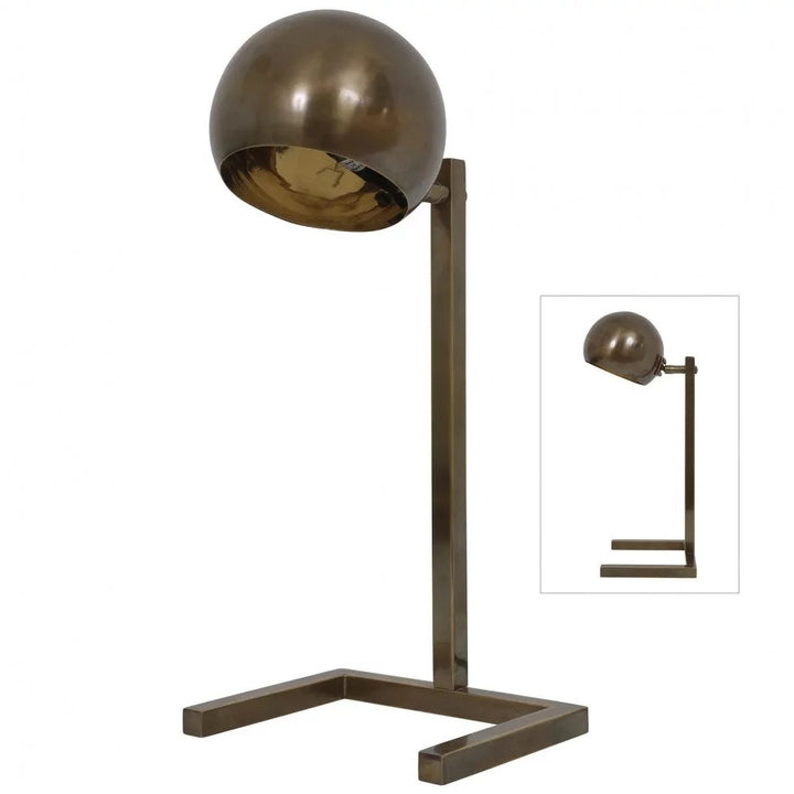 Moderne Mid-Century-Tischlampe in Bronze-Messing mit neigbarem Kugel-Spot und U-förmigem Standfuß, Freisteller