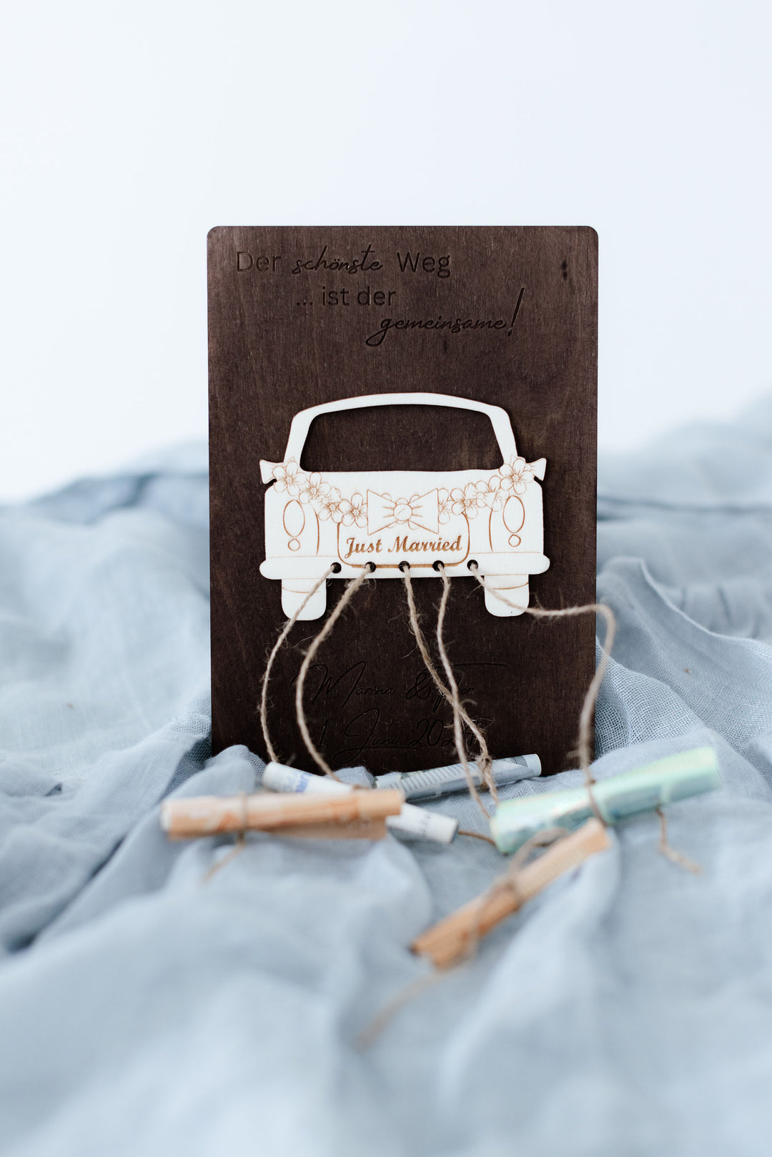 Personalisiertes Geldgeschenk Hochzeit Just Married Auto 3D – aus Holz mit Namen und Datum, handgefertigt in Bayern