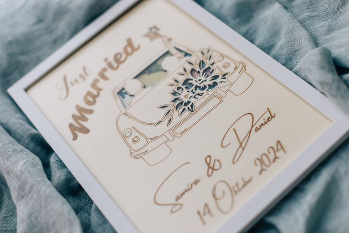 Just Married Auto mit Blumen lasergeschnitten – Geldscheine schimmern durch, Hochzeitsgeschenk handgefertigt