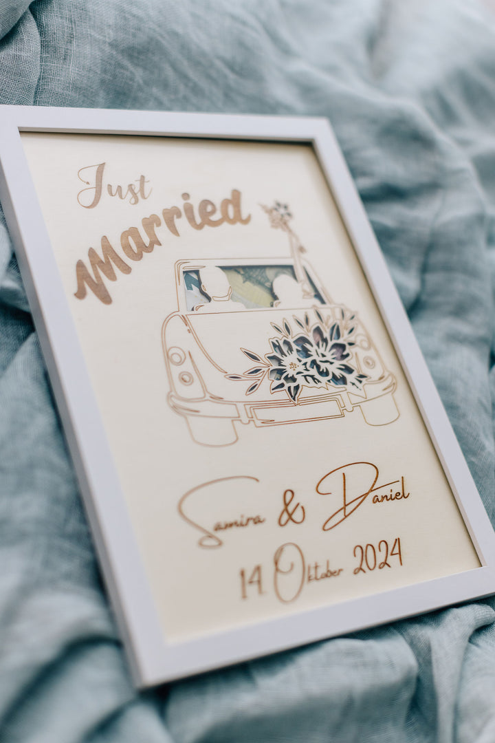 Gravur Just Married mit Namen und Datum – Geldgeschenk Hochzeit Holz handgefertigt Bayern