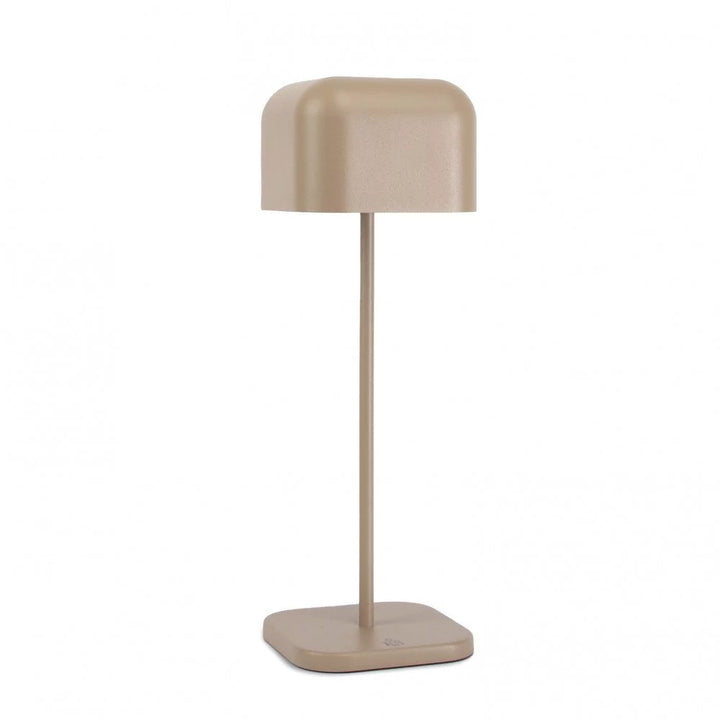 Moderne Akku Tischleuchte in Grau-Beige mit quadratischem Schirm, Freisteller