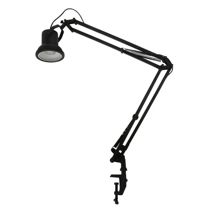Verstellbare Architektenlampe in Mattschwarz mit Schraubklemme, Zugfedern und Linsenschirm, Freisteller