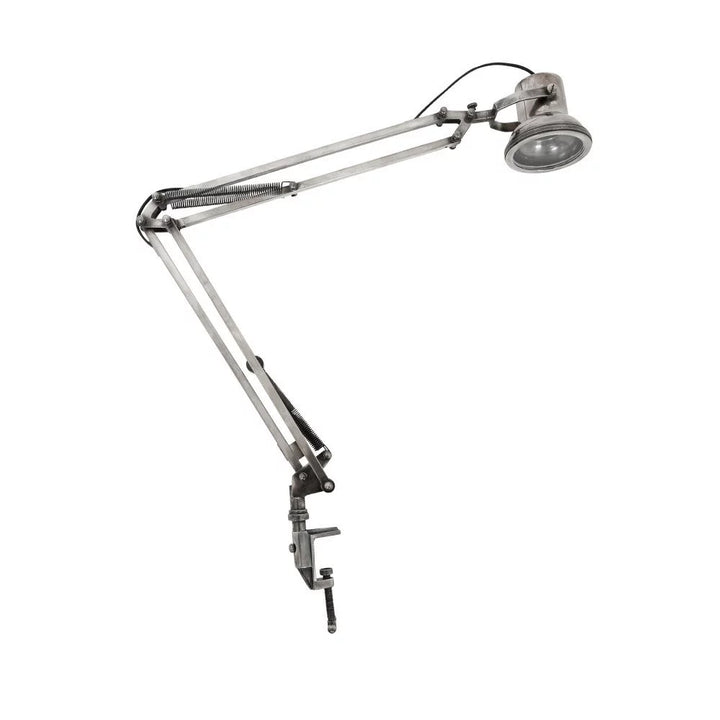 Verstellbare Architektenlampe mit Tischklemme, Doppelgelenkarm, Federmechanik und Linsenkopf, Freisteller