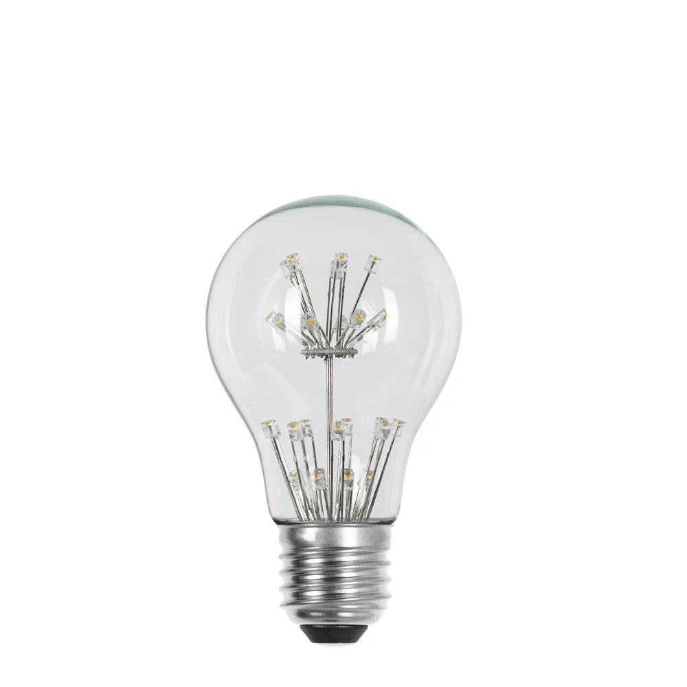 Freigestellte E27 LED-Lampe in A60 Birnenform mit Klarglas, zweistufiger Mikro-LED-Kaskade und silbernem Sockel, unbeleuchtet