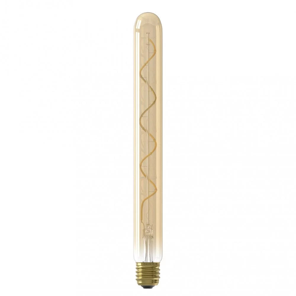 Freigestellte LED-Langröhre E27 mit bernsteinfarbenem Goldglas, langer Spirale und Messingsockel, unbeleuchtet