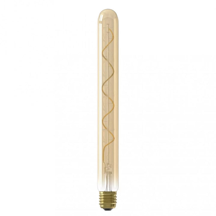 Freigestellte LED-Langröhre E27 mit bernsteinfarbenem Goldglas, langer Spirale und Messingsockel, unbeleuchtet