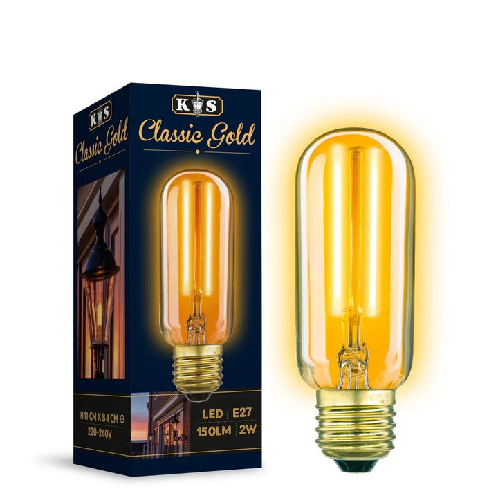LED Leuchtmittel E27 Classic Gold Tube in Laterne leuchtend – CRI 90 warmgelbes Licht 2200K