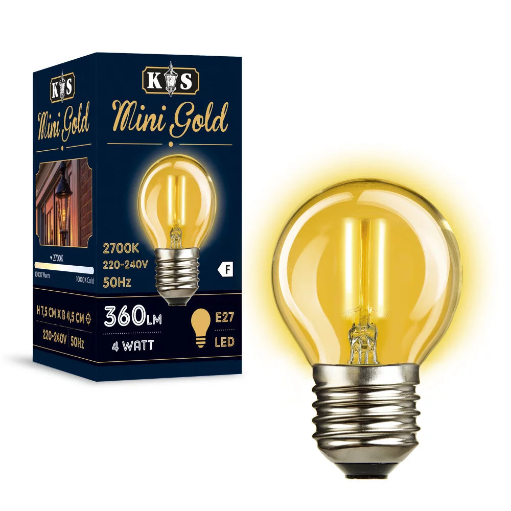 LED Leuchtmittel E27 Mini Gold dimmbar in Leuchte leuchtend – warmweißes Licht 360 Lumen