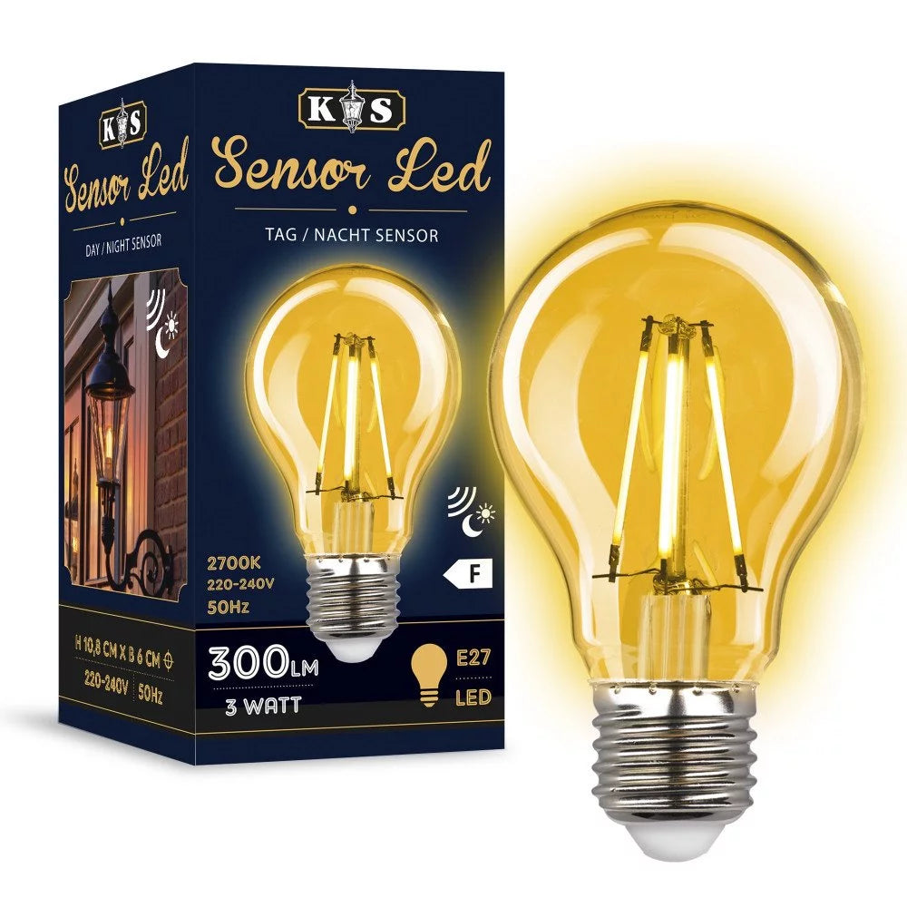 LED Leuchtmittel E27 Sensor 3W Filament in Leuchte leuchtend – warmweißes Licht 300 Lumen automatisch
