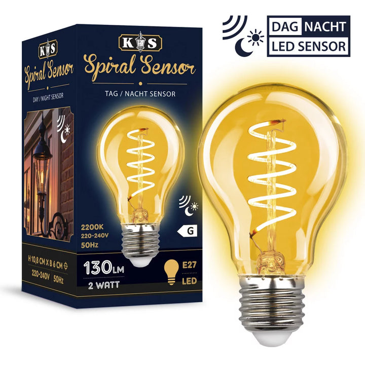 LED Leuchtmittel E27 Sensor Spiral in Leuchte leuchtend – warmweißes Filamentlicht 2200K