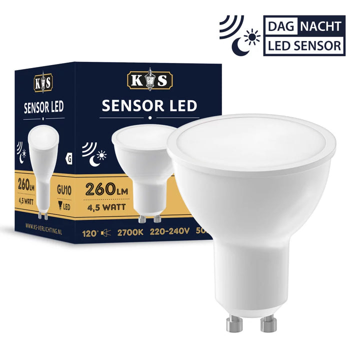 LED Leuchtmittel GU10 Tag/Nacht Sensor in Außenleuchte leuchtend – warmweißes Licht automatisch