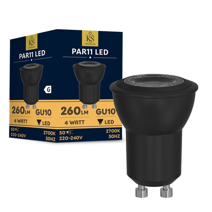 GU10 Mini-Spot PAR11 4W in Schwarz mit 260 Lumen, 50° Abstrahlwinkel, 2700K Warmweiß und dunkelblauer Produktverpackung