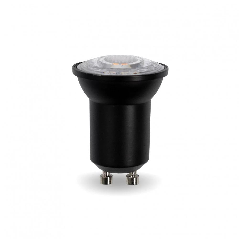 Freigestellter schwarzer GU10 Mini-LED-Reflektorstrahler mit transparenter Facettenlinse und Bajonett-Pins