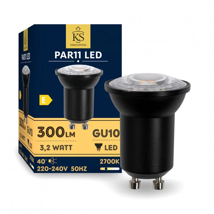Schwarzer GU10 Mini-Spot 3,2W mit 300 Lumen, 40° Abstrahlwinkel, 2700K Warmweiß und dunkelblauer Produktbox