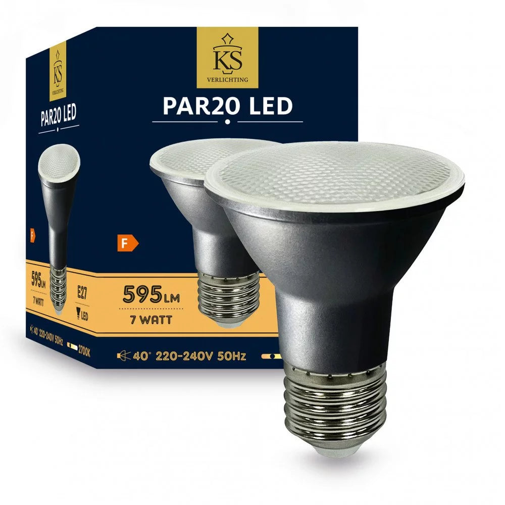 PAR20 LED E27 Reflektorstrahler 7W mit 595 Lumen, 40° Abstrahlwinkel und 2700K Warmweiß neben dunkelblauer Produktverpackung