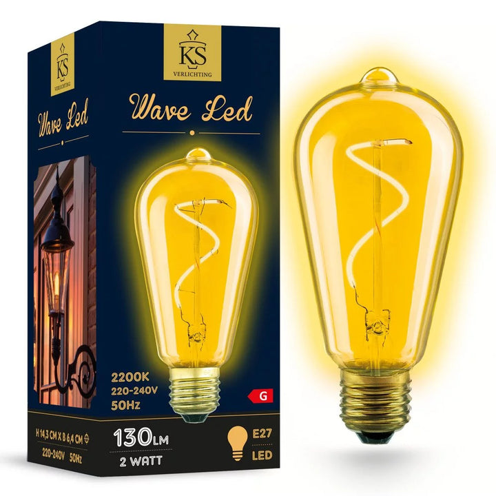 Eingeschaltete E27 LED-Lampe in ST64 Birnenform mit 2200K Lichtkorona neben dunkelblauer Produktverpackung