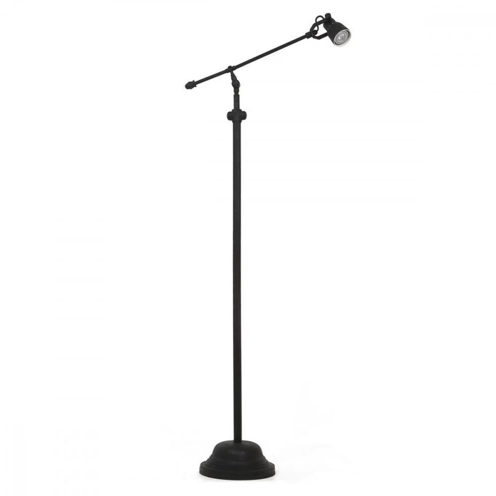 Freigestellte Stehlampe in Mattschwarz mit verstellbarem Hebelarm, Gegengewicht und Glockenfuß, Freisteller