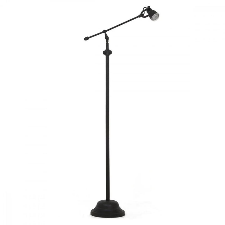 Freigestellte Stehlampe in Mattschwarz mit verstellbarem Hebelarm, Gegengewicht und Glockenfuß, Freisteller